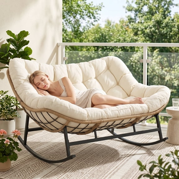 RADIATA Beige Double Outdoor Rocking Chair, 2 Person Patio Rocking Egg Chair with Thick Cushion