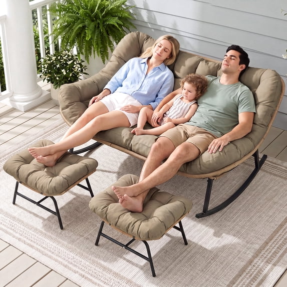 RADIATA 3-Piece Outdoor Patio Rocking Loveseat Set with 2 Ottomans, 2-Person 58" Extra-Wide Double Rocking Chair, 600 lb Weight Capacity, 5.1" Thick Cushions, Reinforced Steel Frame, Brown