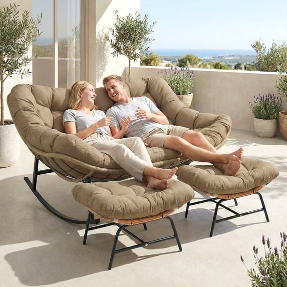RADIATA Brown Double Outdoor Rocking Chair with Ottoman, 2 Person Rocking Egg Chair with Cushion
