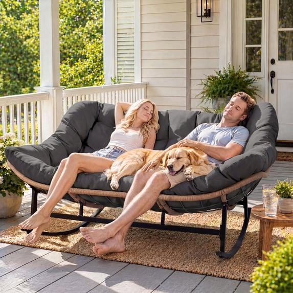 RADIATA Dark Gray Double Outdoor Rocking Chair,2 Person Patio Rocking Egg Chair with Thick Cushion