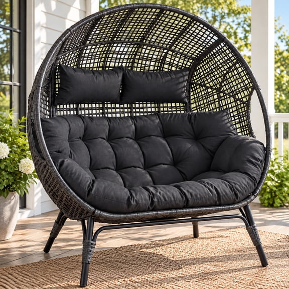 RADIATA Double Egg Chair Indoor Outdoor Stationary Oversized Thicken Padded Cushions,2 Person Egg Loveseat Chair,600 lbs Extra Large Lounge Chair for Patio Balcony Porch Backyard Gray