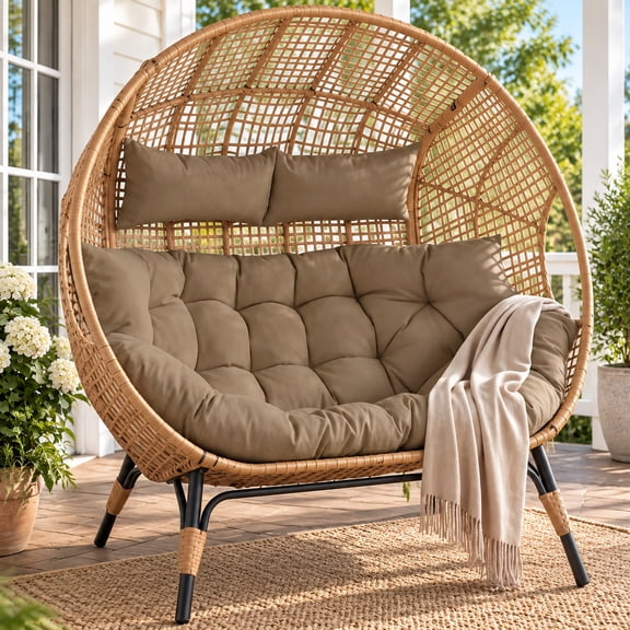 RADIATA Double Egg Chair Indoor Outdoor Stationary Oversized Thicken Padded Cushions,2 Person Egg Loveseat Chair,600 lbs Extra Large Lounge Chair for Patio Balcony Porch Backyard Brown