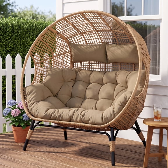 RADIATA Double Egg Chair Indoor Outdoor Stationary Oversized Thicken Padded Cushions,2 Person Egg Loveseat Chair,600 lbs Extra Large Lounge Chair for Patio Balcony Porch Backyard Brown