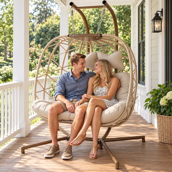 RADIATA Double Hanging Egg Chair with Stand and 5" Cushions, 2-Person Wicker Swing Chair, 690 lb Weight Capacity, Indoor Outdoor Patio Loveseat, Beige