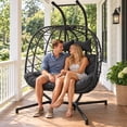 thumbnail image 1 of RADIATA Double Hanging Egg Chair with Stand and 5" Cushions, 2-Person Wicker Swing Chair, 690 lb Weight Capacity, Indoor Outdoor Patio Loveseat, Dark Gray, 1 of 11