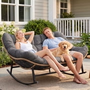 RADIATA Double Papasan Rocking Chair, 2 Person Oversized Outdoor Rocking Loveseat, Double Egg Rocking Chair with Cushion, 620 lb Heavy Duty Patio Chair, Dark Gray