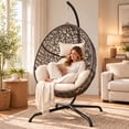 thumbnail image 1 of RADIATA Hanging Egg Chair with Stand, Outdoor Indoor Wicker Swing Chair, 350Lbs Nest Chair with Cushions, All-Weather Patio Hammock Seat for Porch Balcony Garden, Beige, 1 of 12