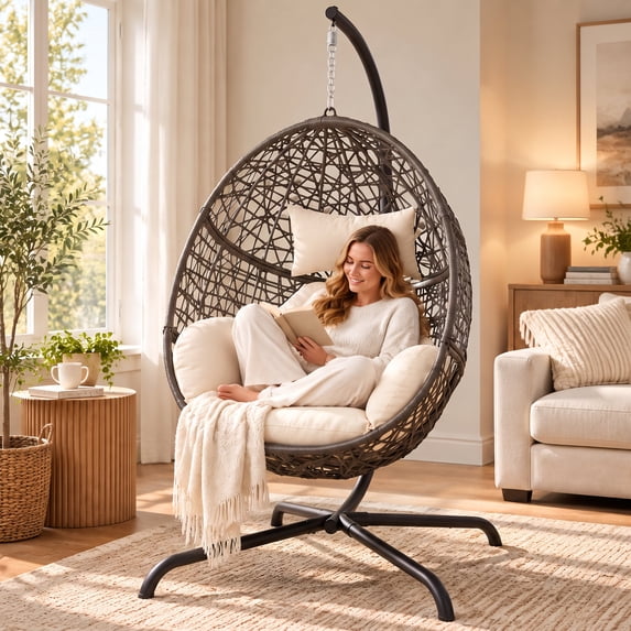 RADIATA Hanging Egg Chair with Stand, Outdoor Indoor Wicker Swing Chair, 350Lbs Nest Chair with Cushions, All-Weather Patio Hammock Seat for Porch Balcony Garden, Beige
