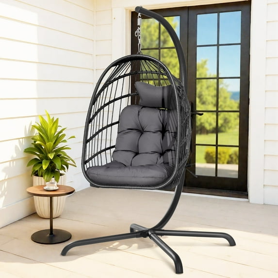RADIATA Outdoor Egg Swing Chair with Stand, 350lbs Heavy-Duty Wicker, Comfy Thick Cushion, for Balcony, Patio, Bedroom, Indoor Use, Brown