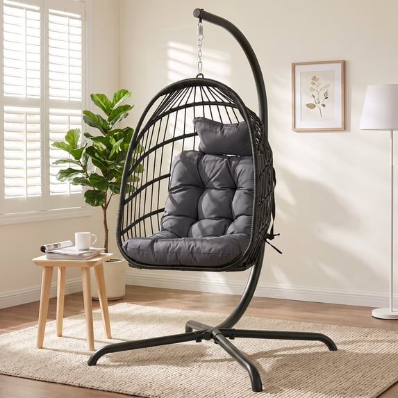 RADIATA Outdoor Egg Swing Chair with Stand, 350lbs Heavy-Duty Wicker, Comfy Thick Cushion, for Balcony, Patio, Bedroom, Indoor Use, Brown