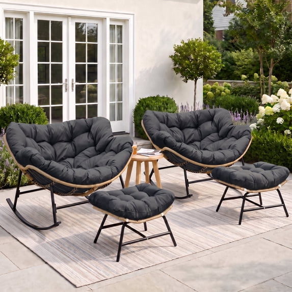 RADIATA Oversized Papasan Rocking Chairs with Ottomans, Set of 2, 5.1" Cushions and 450 lb Heavy-Duty Rattan Patio Lounge Rocker Set for Porch, Garden, Bedroom, Gray