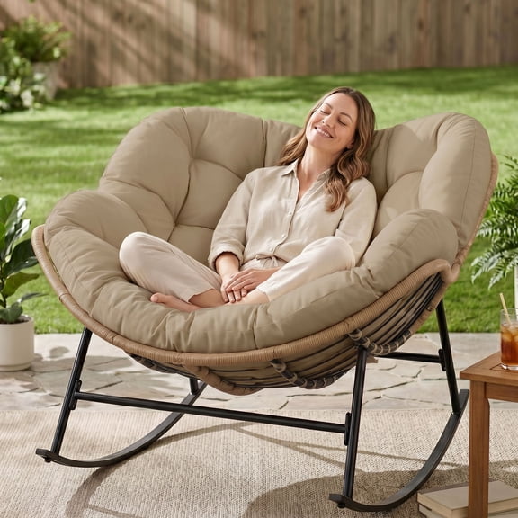RADIATA Oversized Outdoor Papasan Rocking Chair with 5.1" Cushion, 450 lb Heavy-Duty Rattan Patio Rocker Chair, Water-Resistant Lounge Chair for Porch, Garden, Bedroom, Brown