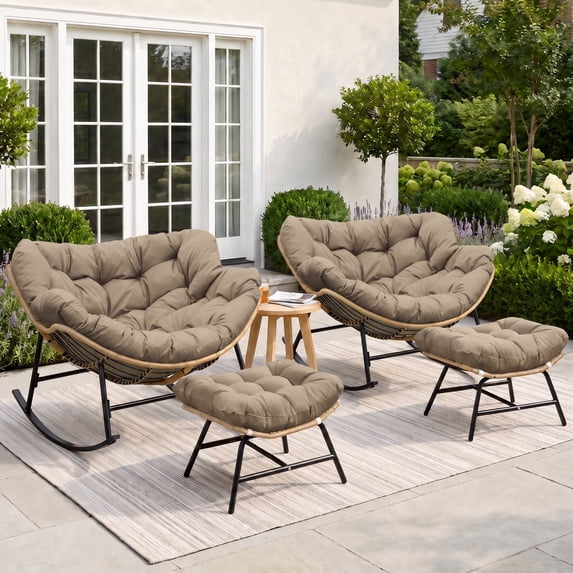 RADIATA Oversized Papasan Rocking Chairs with Ottomans, Set of 2, 5.1" Cushions and 450 lb Heavy-Duty Rattan Patio Lounge Rocker Set for Porch, Garden, Bedroom, Brown