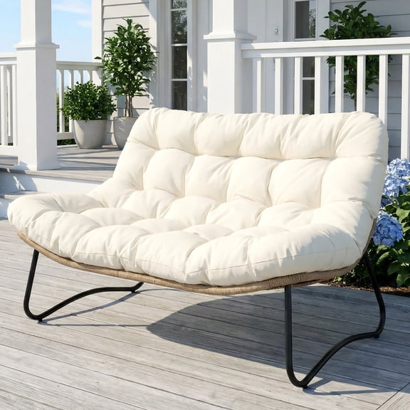 RADIATA Outdoor Wicker Loveseat with 5.5" Tufted Cushion, Oversized 2-Person Patio Lounge Seat, Steel Frame, Adjustable Feet,Beige