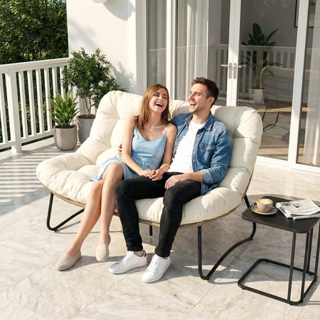 RADIATA Outdoor Wicker Loveseat with 5.5" Tufted Cushion, Oversized 2-Person Patio Lounge Seat, Steel Frame, Adjustable Feet,Beige