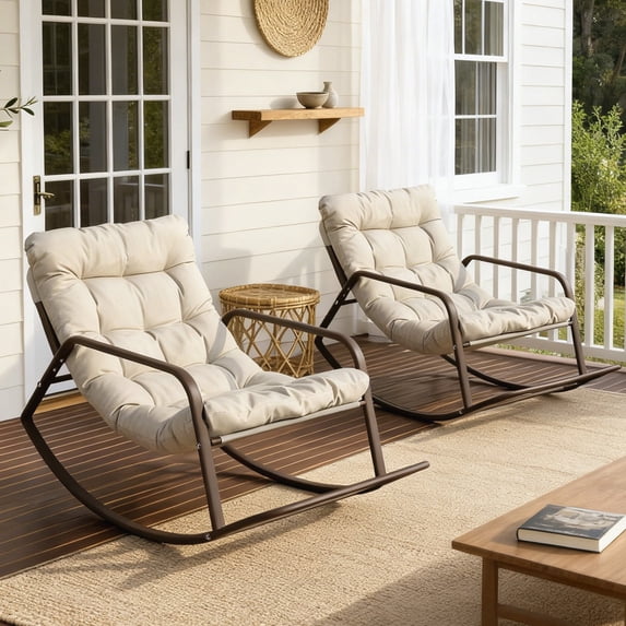 RADIATA Oversize Rocking Chair with Cushion & Footrest, Indoor Outdoor Rocking Chair Recliner, 450 lbs Capacity, 2Pcs Beige