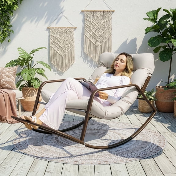 RADIATA Oversize Rocking Chair with Cushion & Footrest, Indoor Outdoor Rocking Chair Recliner, 450 lbs Capacity, Beige