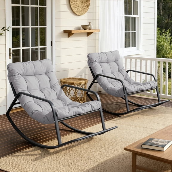 RADIATA Oversize Rocking Chair with Cushion & Footrest, Indoor Outdoor Rocking Chair Recliner, 450 lbs Capacity, Light Grey，2Pcs