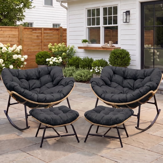 RADIATA Oversized Outdoor Papasan Rocking Chair with Ottoman Set of 2, Indoor Outdoor Heavy Duty Wicker Patio Egg Rocking Chair with 5.1 Cushion, 450lbs Capacity, Gray
