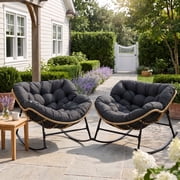 RADIATA Oversized Outdoor Papasan Rocking Chair Set of 2, Indoor Outdoor Heavy Duty Wicker Patio Egg Rocking Chair with 5.1 Cushion, 450lbs Capacity, Gray
