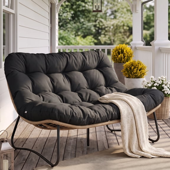 RADIATA Double Papasan Chair Outdoor Indoor, 2-Person Oversized Wicker Loveseat with 5.5" Thick Cushion, Patio Lounge Chair for Porch, Balcony, Sunroom, Dark Gray
