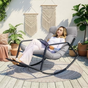 RADIATA Oversized Papasan Rocking Recliner Chair with Footrest, 430lbs Rocking Lounge Chair for Indoor Outdoor Patio, Living Room, Gray