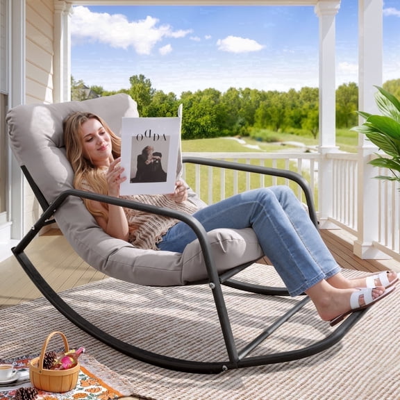 RADIATA Oversized Rocking Chair with Footrest, Patio Papasan Rocking Recliner for Indoor Outdoor Use, Heavy Duty Wicker Lounge Chair, 450lbs, Gray