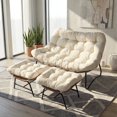thumbnail image 1 of Papasan Loveseat with Ottoman, 2-Piece Cozy Lounge Chair Set, 5.5" Tufted Cushion, Steel Frame, Cream, 1 of 7