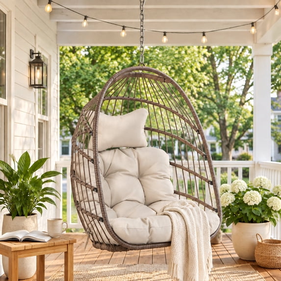 RADIATA Patio Hanging Egg Chair Without Stand, 5" Cushion 3-Second Folding Wicker Outdoor Swing Chair No Stand Tree or Ceiling Hanging for Garden, Porch, Balcony, 350 lb, Brown