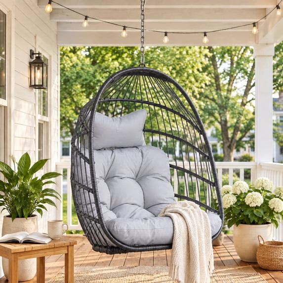 RADIATA Patio Hanging Egg Chair Without Stand, 5" Cushion 3-Second Folding Wicker Outdoor Swing Chair No Stand Tree or Ceiling Hanging for Garden, Porch, Balcony,350 lb, Light Gray
