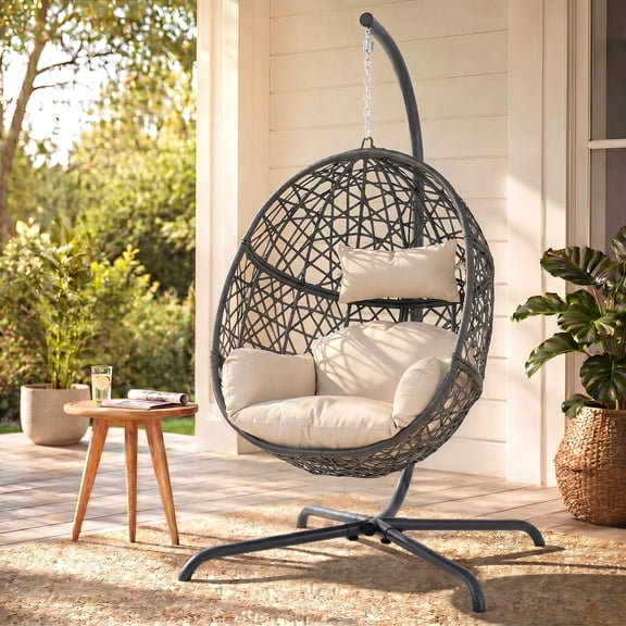 RADIATA Patio Oversized Hanging Egg Chair with Stand and 5.1" Cushion, Indoor Outdoor Wicker Bird Nest Swing Chair for Patio, Porch & Sunroom, 360 lb Capacity, Beige