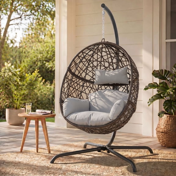 RADIATA Patio Oversized Hanging Egg Chair with Stand and 5.1" Cushion, Indoor Outdoor Wicker Bird Nest Swing Chair for Patio, Porch & Sunroom, 360 lb Capacity, Light Gray