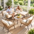 thumbnail image 1 of RADIATA boho patio furniture set, 4-Piece boho outdoor furniture set, L-Shaped boho patio sectional, patio furniture set boho wicker with Cream Cushions, Glass Table, 500 lbs Capacity, 1 of 10