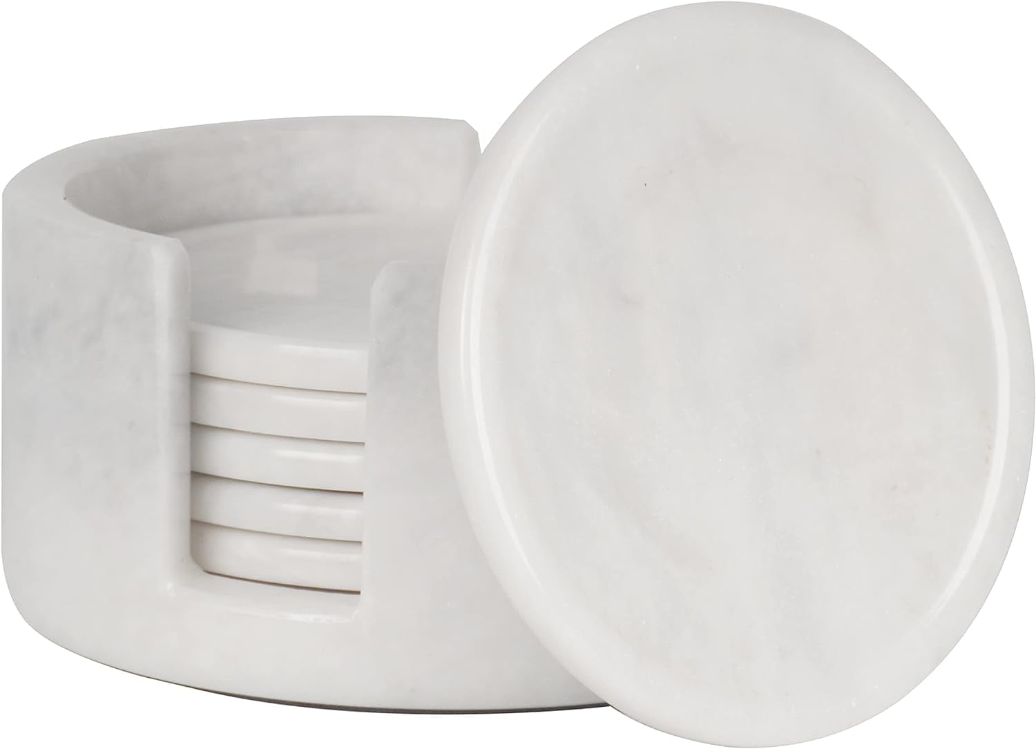 Handmade White Marble Coaster Set with Holder, 3.5 Inches