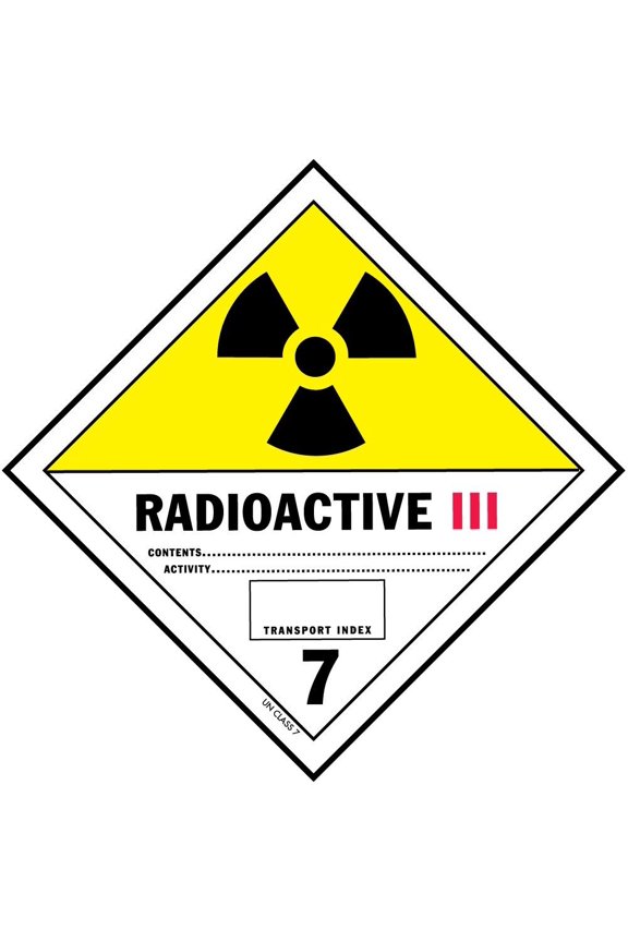 RADIOACTIVE III MATERIAL, Hazard Class 7 D.O.T. Shipping Labels, 4" x 4", Roll of 500