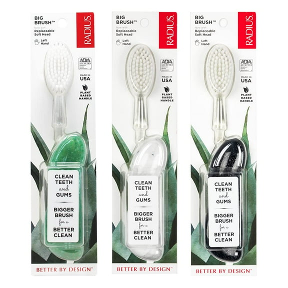 RADIUS Big Brush BPA Free & ADA Accepted Toothbrush Designed to Improve Gum Health & Reduce Gum Issues - Left Hand - Midnight Sky/ Marble/ Soda Pop Eco Grind - Pack of 3