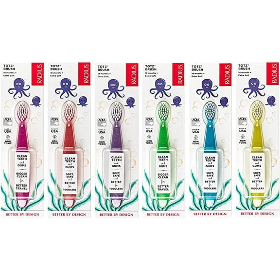 RADIUS Children's Toothbrush Totz Extra Soft Assorted Colors 6 Count, BPA Free and ADA Accepted, Designed for Delicate Teeth and Gums, For Kids 18 Months and Up