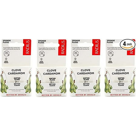 RADIUS Clove Cardamom Dental Floss 4 Count, 55 yards , Plastic-Free Packaging , Vegan and Non-Toxic, Erythritol for an Oral Care Boost , Total Tooth and Gum Protection