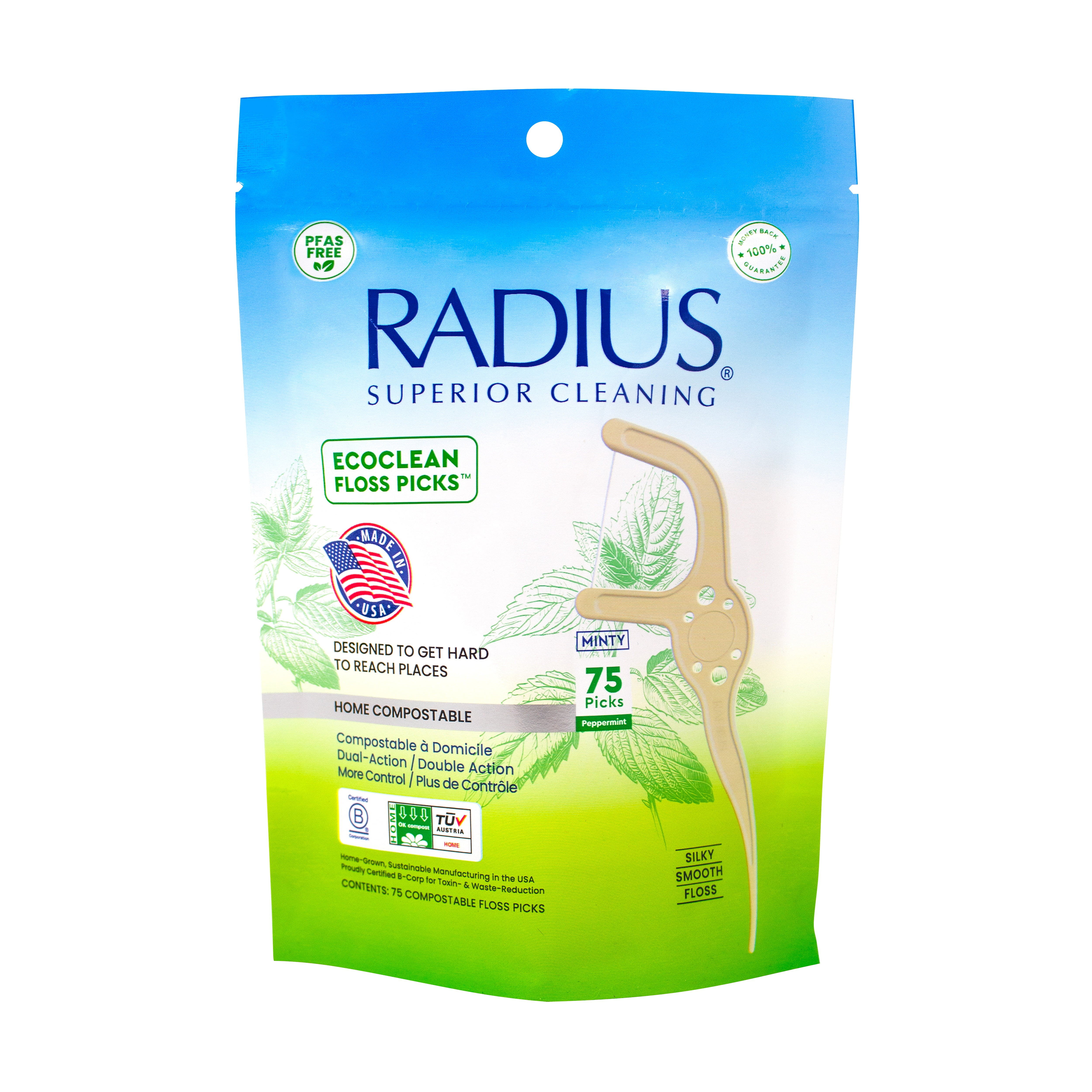 RADIUS EcoClean Compostable Dental Floss Pick, Adult, Peppermint, 75 Count, Eco-Friendly Dental Care