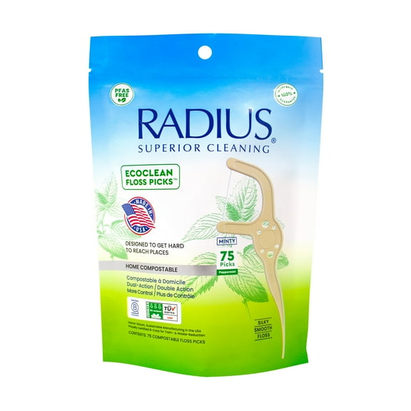 RADIUS EcoClean Compostable Dental Floss Pick, Adult, Eco-Friendly Dental Care, Peppermint, 75 Count