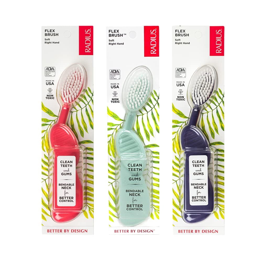 RADIUS Toothbrush Flex Brush BPA Free & ADA Accepted Designed to Improve Gum Health & Reduce Gum Issues - Right Hand - Purple/ Watermelon/ Mint - Pack of 3