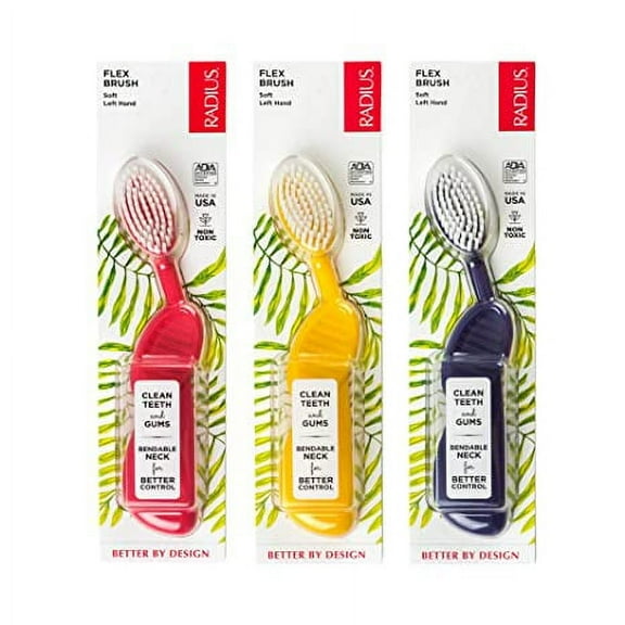 RADIUS Flex Brush with Soft Bristles Toothbrush BPA Free & ADA Accepted Designed to Improve Gum Health & Reduce Issues - Left Hand - Purple/ Watermelon/ White - Pack of 3