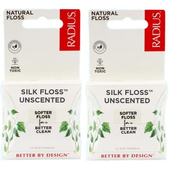 RADIUS Natural Unscented Silk Dental Floss 33 Yards Non-Toxic Oral Care & Designed to Help Fight Plaque - Pack of 2