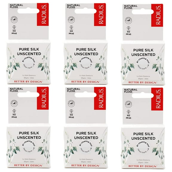 RADIUS Natural Unscented Silk JMS2 Dental Floss 33 Yards Compostable Non-Toxic Oral Care & Designed to Help Fight Plaque Clear - Pack of 6