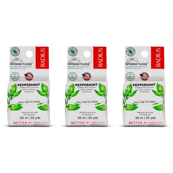 RADIUS Peppermint Dental Floss 55 Yards Vegan and Non-Toxic Oral Care Boost Total Tooth & Gum Protection Clear - Pack of 3