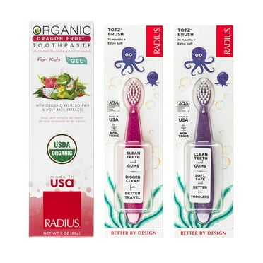 RADIUS Toddler Toothbrush and Toothpaste Bundle for Kids, 2 Pack Totz Extra Soft Brush in Pink and Purple and 1 Count Dragon Fruit Toothpaste, For Children 18 Months