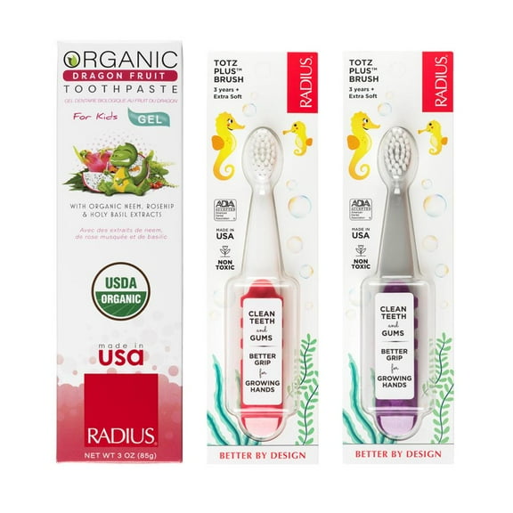 RADIUS Toddler Toothbrush and Toothpaste Bundle for Kids, 2 Pack Totz Extra Soft Brush in Whit and Grey Sparkle and 1 Count Dragon Fruit Toothpaste, For Children 18 Months