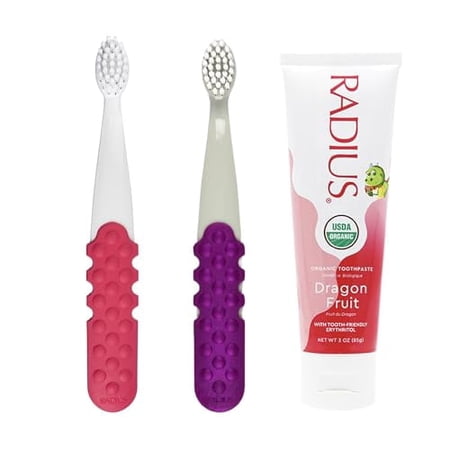 RADIUS Toddler Toothbrush and Toothpaste Bundle for Kids, 2 Pack Totz Extra Soft Brush in Whit and Grey Sparkle and 1 Count Dragon Fruit Toothpaste, For Children 18 Months