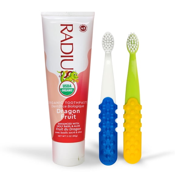 RADIUS Toddler Toothbrush and Toothpaste Bundle for Kids, 2 Pack Totz Extra Soft Brush in White and Green and 1 Count Dragon Fruit Toothpaste, For Children 18 Months and Up