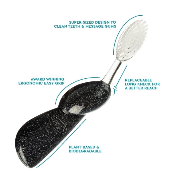 RADIUS Toothbrush Big Brush with Replaceable Head, Left Hand, Soft in Black Sparkle, BPA Free and ADA Accepted, Designed to Improve Gum Health and Reduce The Risk of Gum Disease